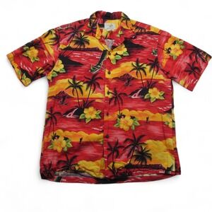 Ho Aloha Shirt Men' Medium Red Yellow Hawaiian Floral Palm Tree Button Up Cotton